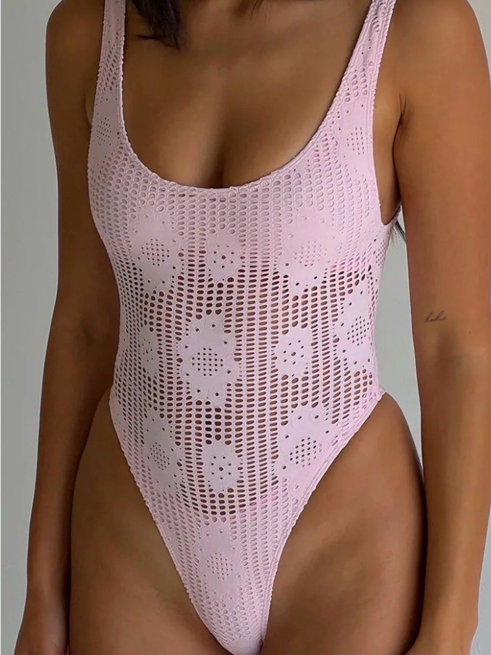 Frankie's Bikinis Pamela Anderson Pink Crochet Scoop-Neck One-Piece Swimsuit